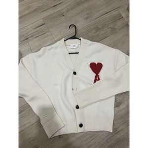 AMI Paris Ami de Coeur Cardigan Cream Red Heart Wool Size L